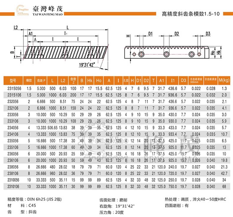 精密研磨斜齒條產(chǎn)品型號(hào)參數(shù)